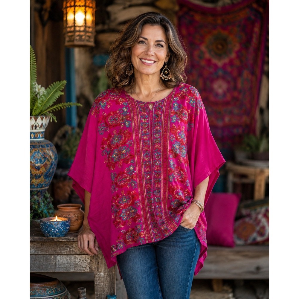Lemon Tree Kaftan Top Womens 1XL 2XL Pink Embroidered Boho Floral Tunic
